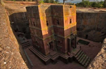 Carved out of a single sold rock, the 12th century rock-hewn church of Bete Gyorgis at Lalibela